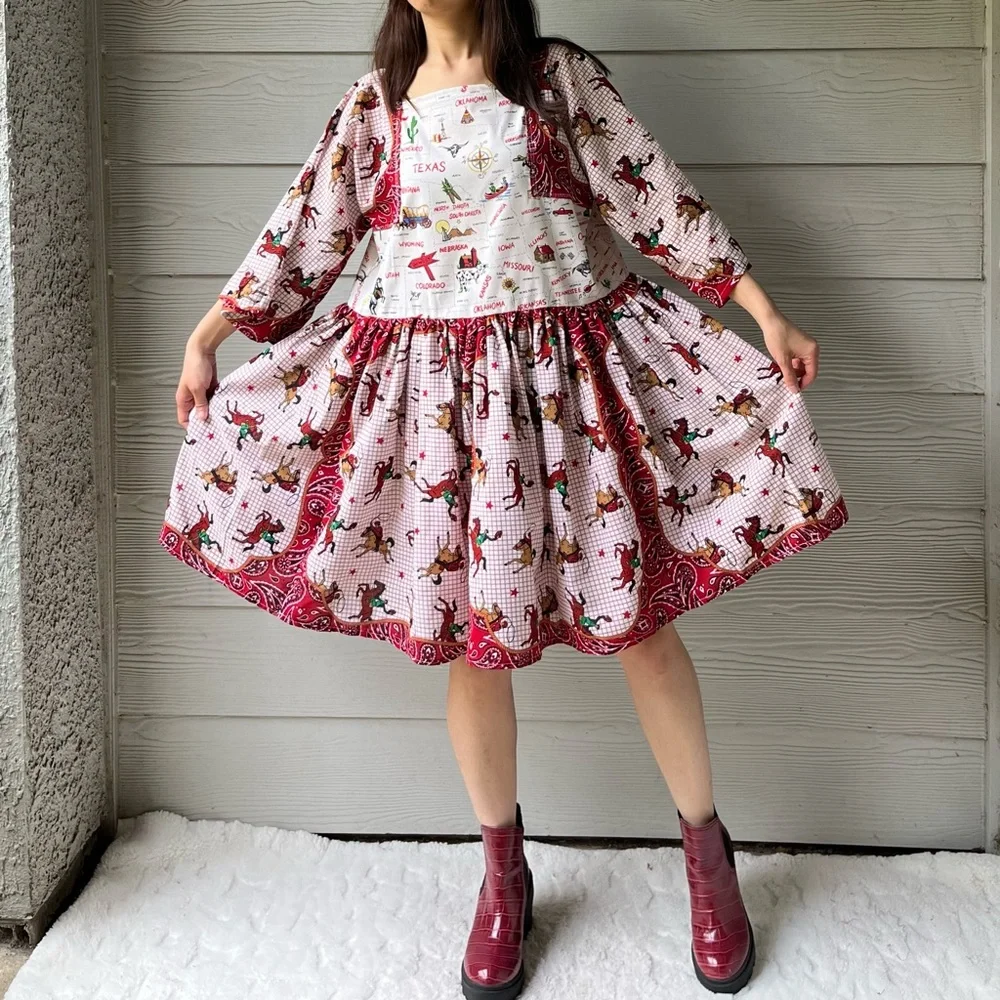Western Rodeo | US Map | Handmade Bandana Dress SKU 05296 Red/Cowboy - Picture 5 of 16